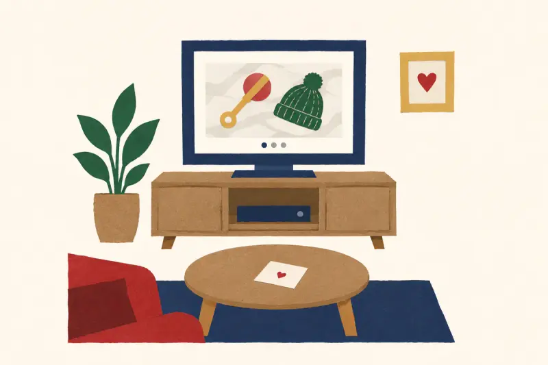 En tv som visar ett bildspel med en skallra och en liten bebismössa, med ett brev på soffbordet