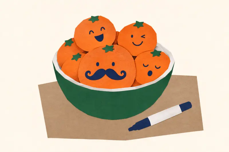 En fruktskål med clementiner som har fått ritade ansikten, en med stor mustasch
