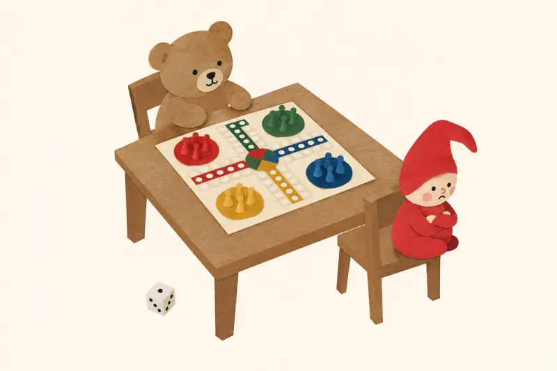 Ett fiaspel där nallen har vunnit och en liten nisse sitter med ryggen mot spelet