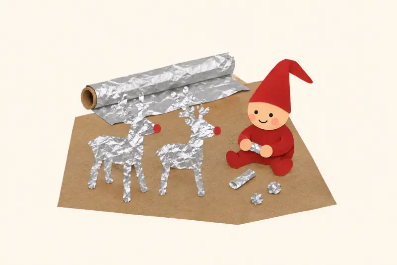 Två renar av aluminiumfolie på köksbänken och en liten nisse som rullar ett nytt ben